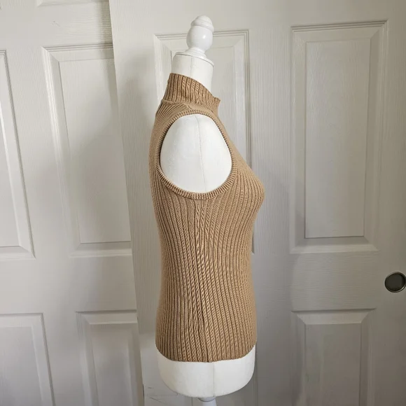 Womens SMALL Tan Ribbed Sleeveless Turtleneck Top - Picture 2 of 4